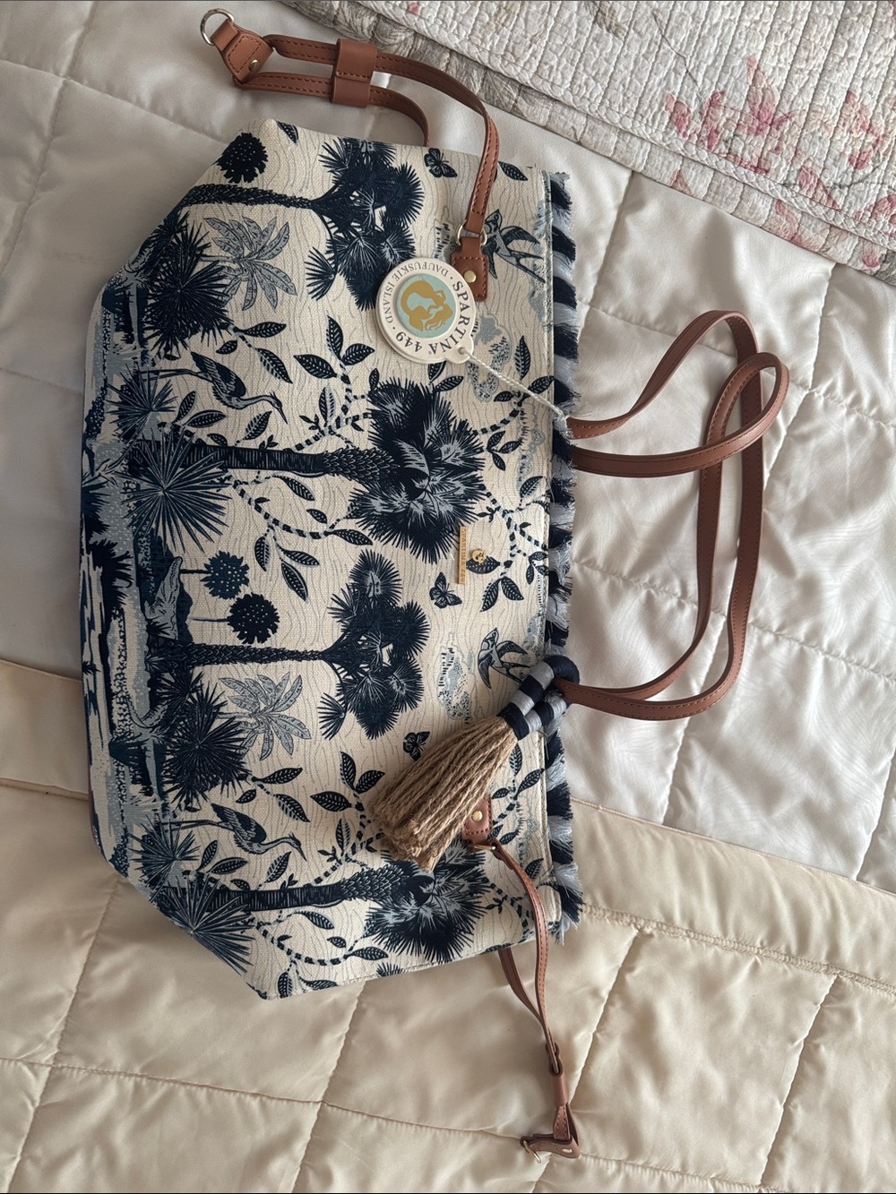 Spartina 449 Navy and Cream Palm-Print Canvas Tote with Tan Straps